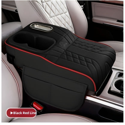 Center Console Tray Organizer with Cup Holder, Tissue Slot and Six Color Options in Black, Orange, Red, Brown or Beige