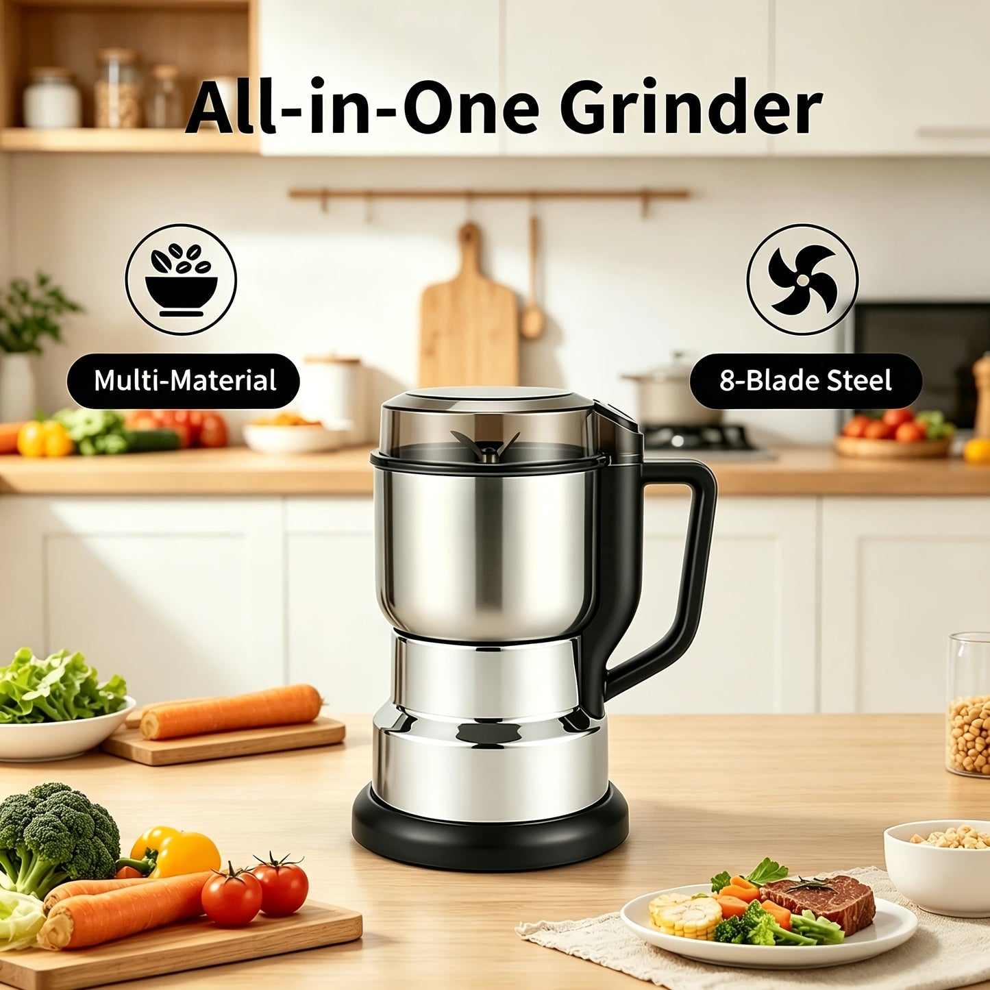 Electric Coffee Grinder 300W 25000RPM, 8-Blade Stainless Steel Spice & Grain Mill for Coffee Beans
