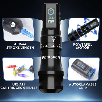 Tattoo Machine Kit POSEIDON TU33 Wireless Rotary Pen with LCD Color Screen, USB-C, 20 Cartridges and 11 Inks