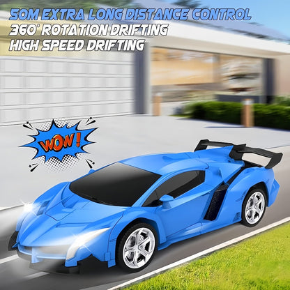 Remote Control Car, 1:18 Transforming Robot Model with One-Button Change, LED Lights, 360° Drift and Four Colors
