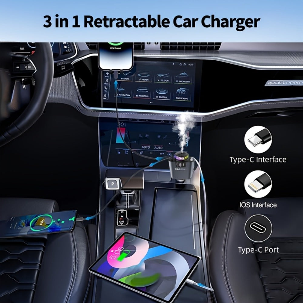 3-in-1 Car Charger Starlight Projector & Aroma Diffuser USB-C Port 2.6ft Retractable Cable Fast Charging Car Phone Charger with Blue Red