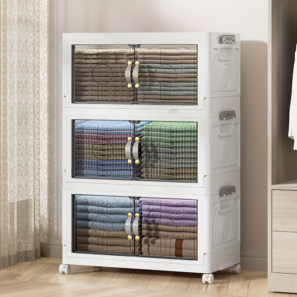 Collapsible Storage Bin with Lid, Foldable Storage Cabinet 2/3/4/5 Layer 48QT Plastic Organizer, Freestanding Storage Rack for Home