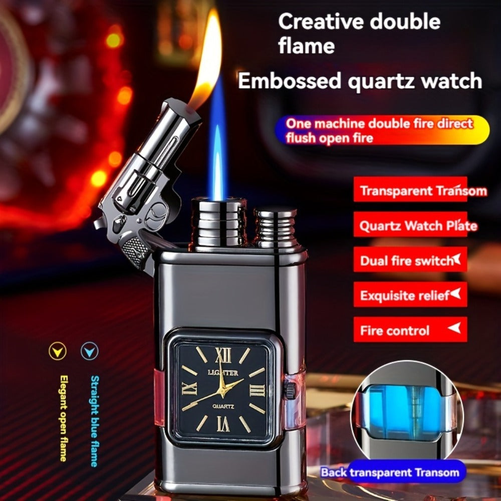 Double Flame Windproof Lighter Creative Retro Metal Lighter Dragon Eagle Gun Shape Quartz Dial Portable Outdoor Lighter Men Gift Box Butane