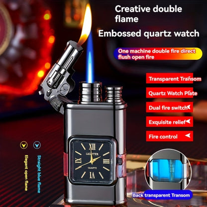 Double Flame Windproof Lighter Creative Retro Metal Lighter Dragon Eagle Gun Shape Quartz Dial Portable Outdoor Lighter Men Gift Box Butane
