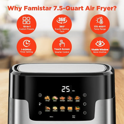 Air Fryer 7.5QT 10-in-1 Digital LED Touchscreen, Oilless Cooker with 10 Preset Cooking Modes, Basket & 100 Paper Liners Included