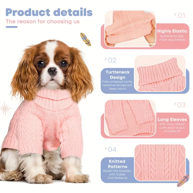 Dog Sweater Turtleneck Warm Knit Pullover with Soft Long Sleeves for Small Medium Breeds, All-Season Machine Washable Pet Sweater