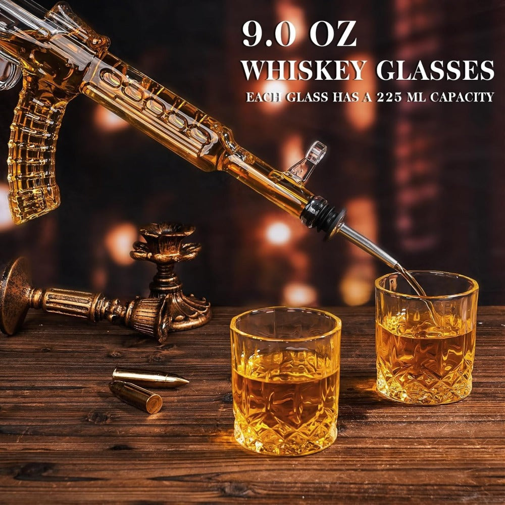 Gun Whiskey Decanter Set with Glasses Military Themed Liquor Dispenser AK47 M1911 Revolver for Entryways, Bedrooms and Living Spaces