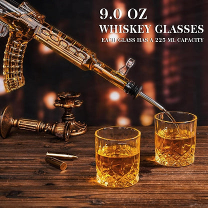 Gun Whiskey Decanter Set with Glasses Military Themed Liquor Dispenser AK47 M1911 Revolver for Entryways, Bedrooms and Living Spaces