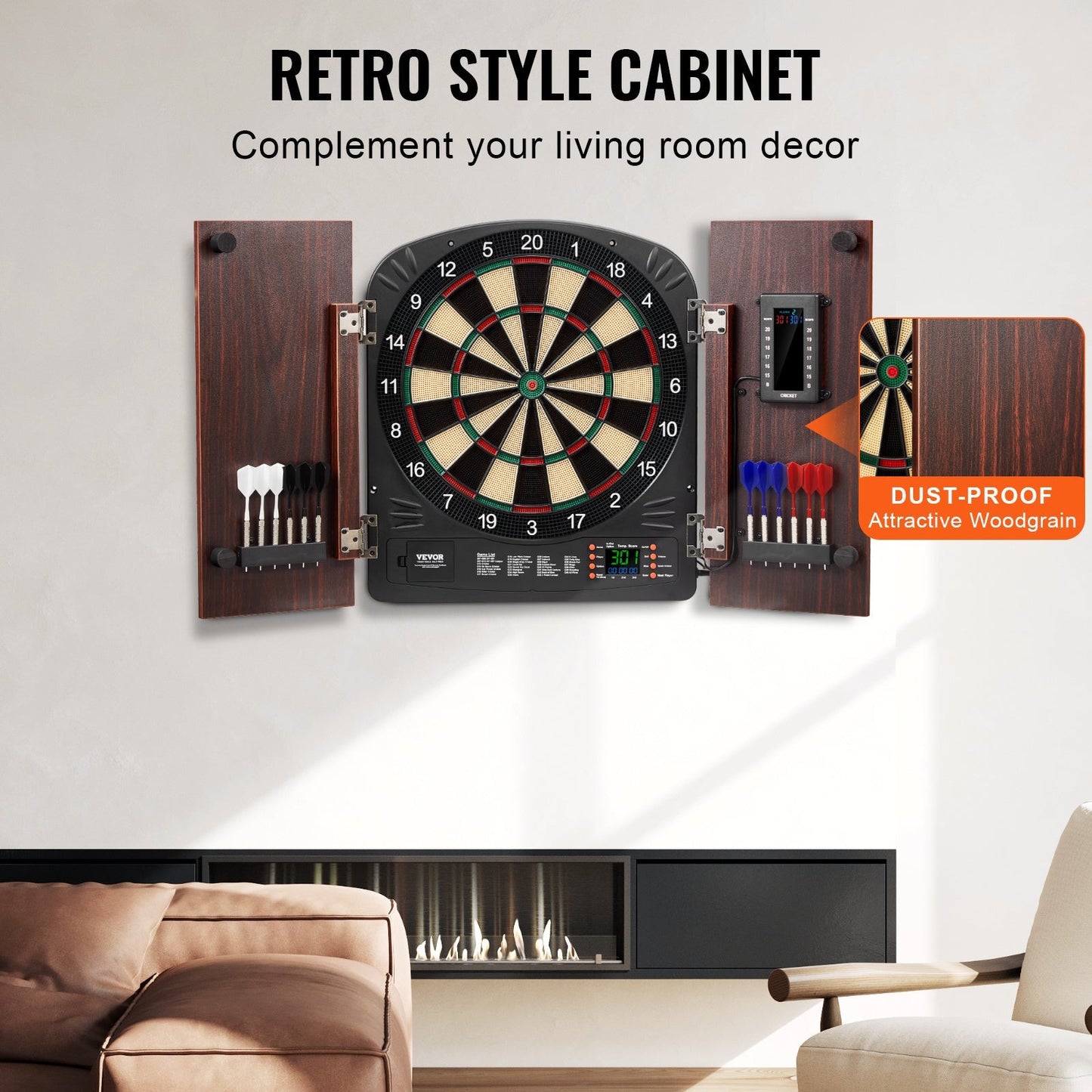 Electronic Dartboard Cabinet Set with LED Scoring – 13.5" Soft Tip, 40 Games 590 Variations, Retro Wood Cabinet, 1-8 Players