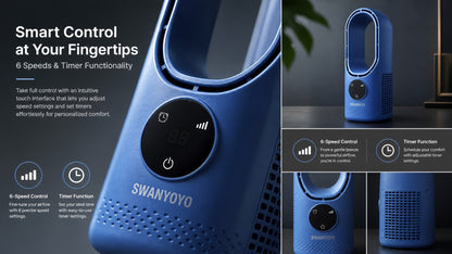 Portable Fan USB-Powered Bladeless Tower Model with Water Mist, Remote, Touch Controls and LED Light