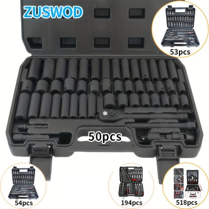 Impact Socket Set in 53, 54, 194 or 518-Piece Options with 3/8-Inch Drive, Metric and Imperial Sizes for Car Repair and DIY