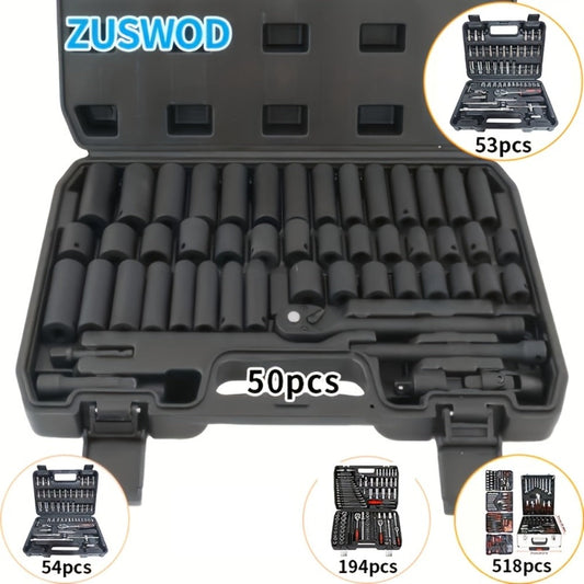Impact Socket Set in 53, 54, 194 or 518-Piece Options with 3/8-Inch Drive, Metric and Imperial Sizes for Car Repair and DIY