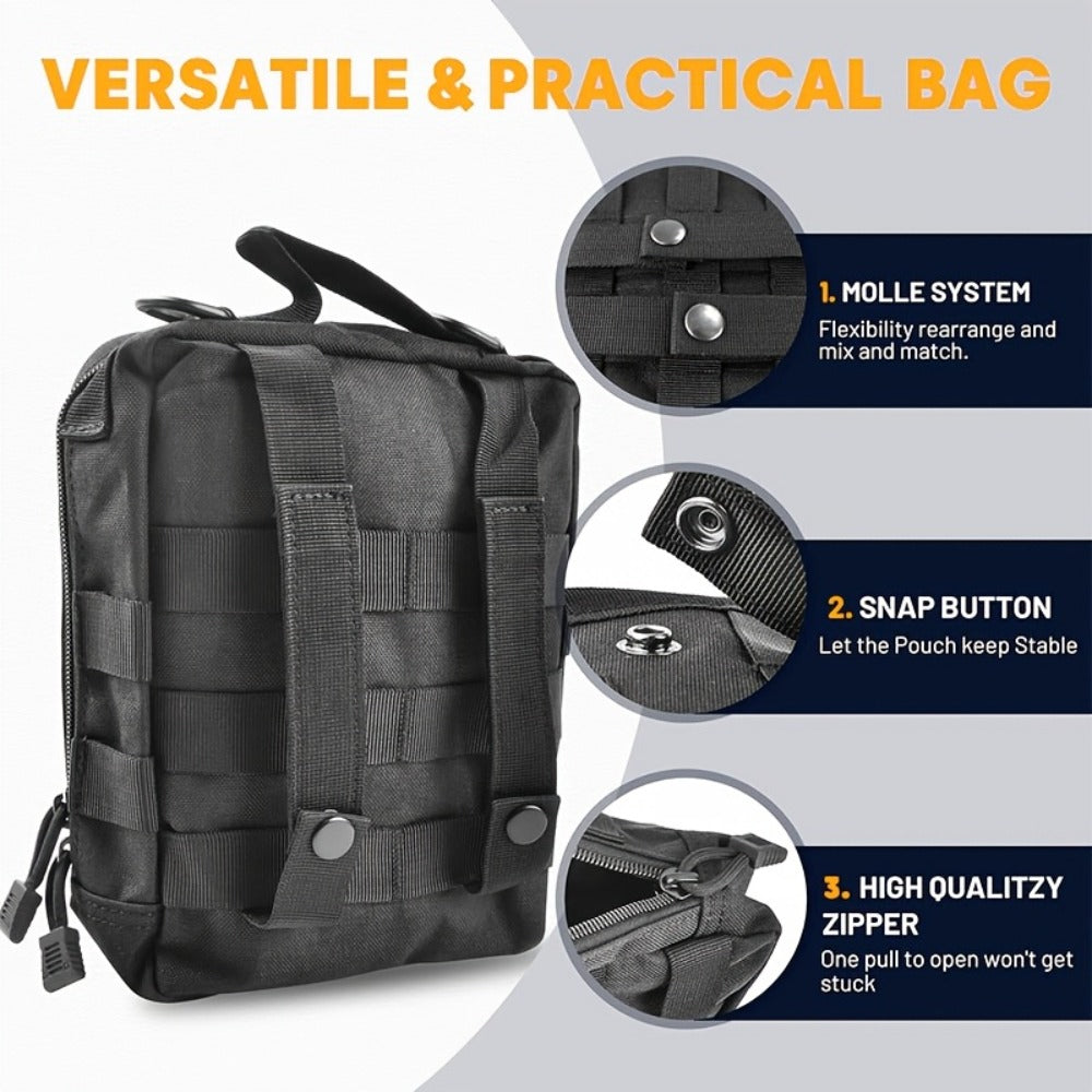Black MOLLE-Style Seatback Car Organizer Panel with Five Detachable Pouches and Six Keychains