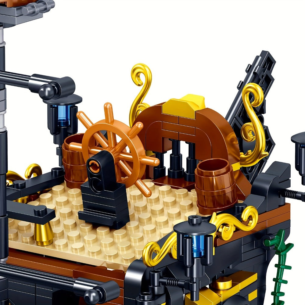 1282-Piece Pirate Ship Building Block Model with Black Sails, MY051 Checkout Code and Pictured 30.48 cm Length