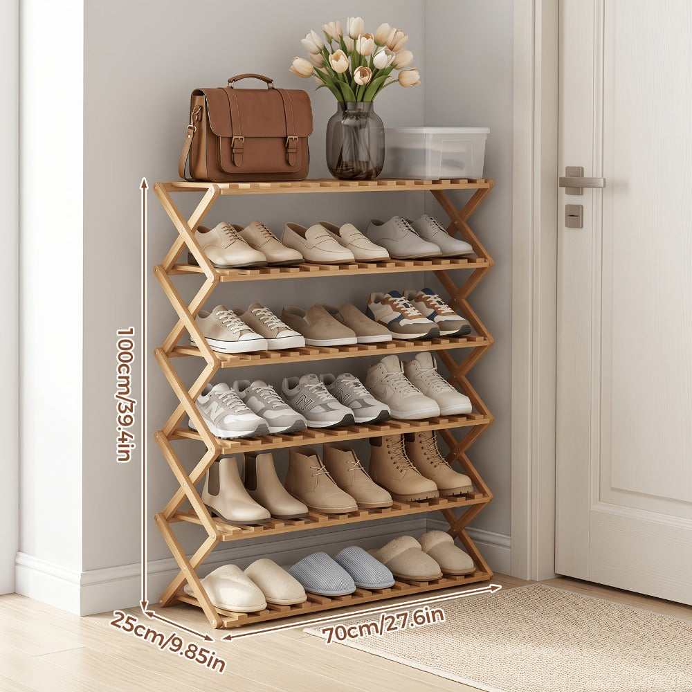 Foldable Bamboo-Labeled Shoe Rack with Six- or Eight-Tier Primary and Brown Checkout Options