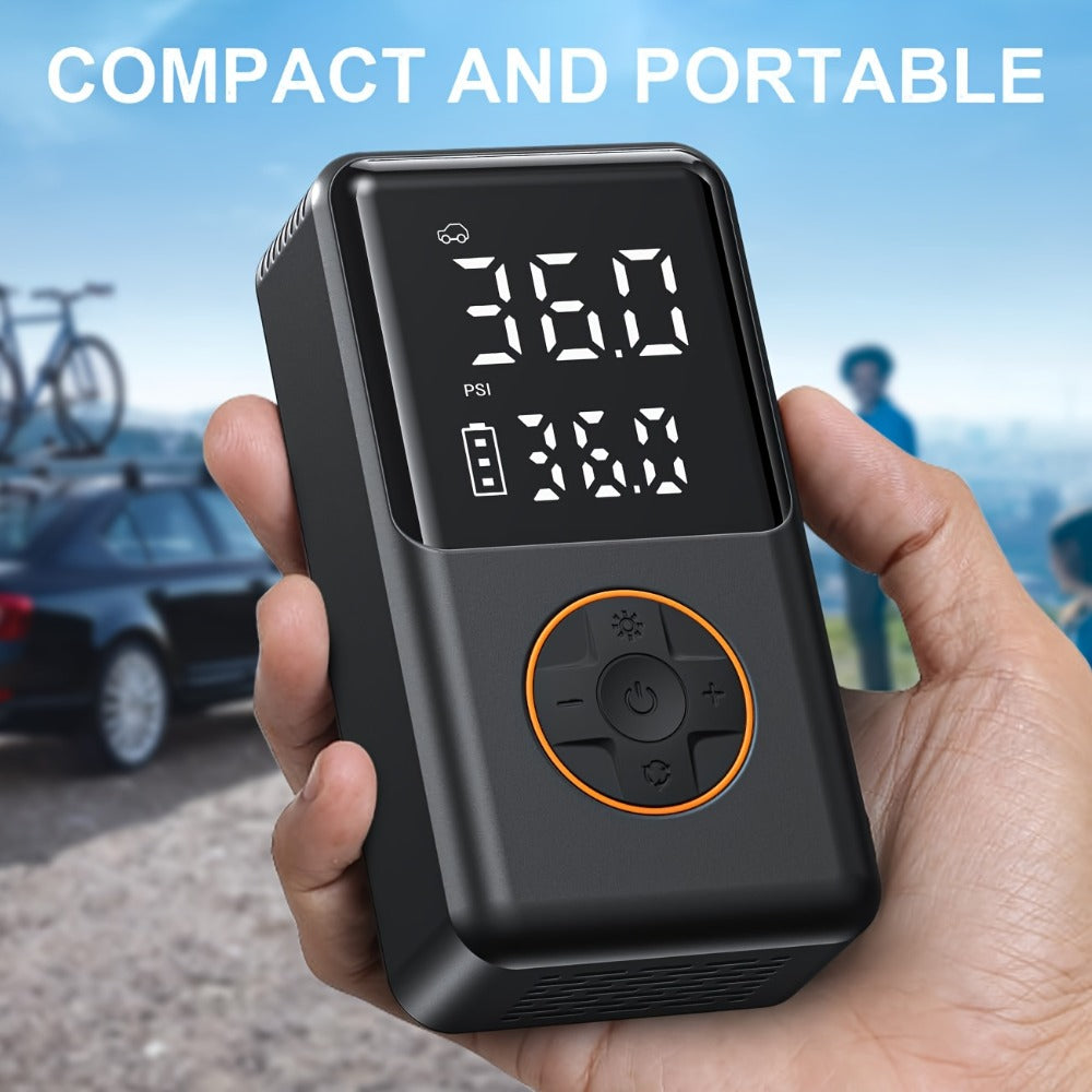 Compact Cordless Tire Inflator with Digital LCD Screen, Blue Air Hose and Pictured Valve Adapters