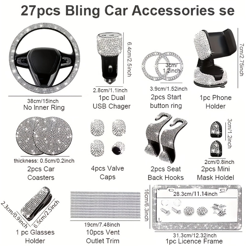 27pcs Bling Car Accessories Set for Women – Steering Wheel Cover 15", Car Coasters, License Plate Frame & Phone Holder