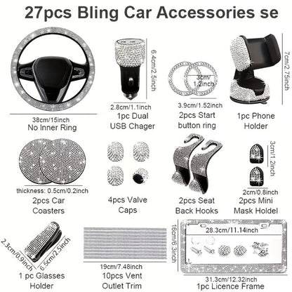 27pcs Bling Car Accessories Set for Women – Steering Wheel Cover 15", Car Coasters, License Plate Frame & Phone Holder
