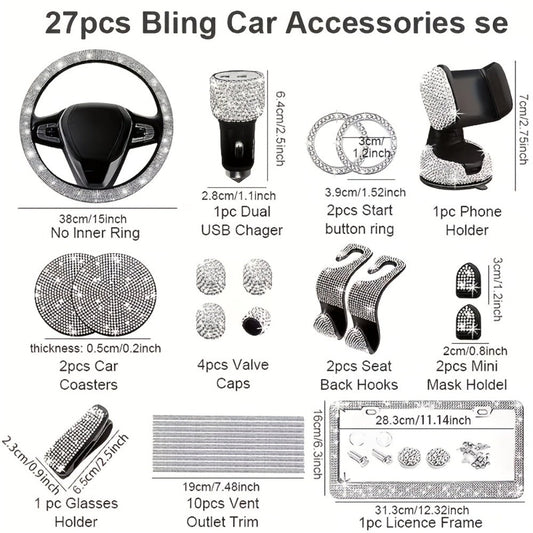 27pcs Bling Car Accessories Set for Women – Steering Wheel Cover 15", Car Coasters, License Plate Frame & Phone Holder
