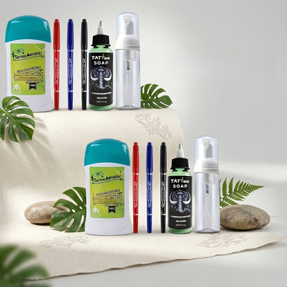 Tattoo Transfer Kit Complete Set with Ink Gel Green Soap Solution & Stencil Markers for Temporary Body Art, Festivals and Costumes