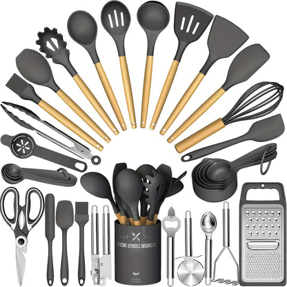 Silicone Kitchen Utensils Set 34-Piece with Holder, Heat Resistant Cooking Spatula Tools for Nonstick Cookware