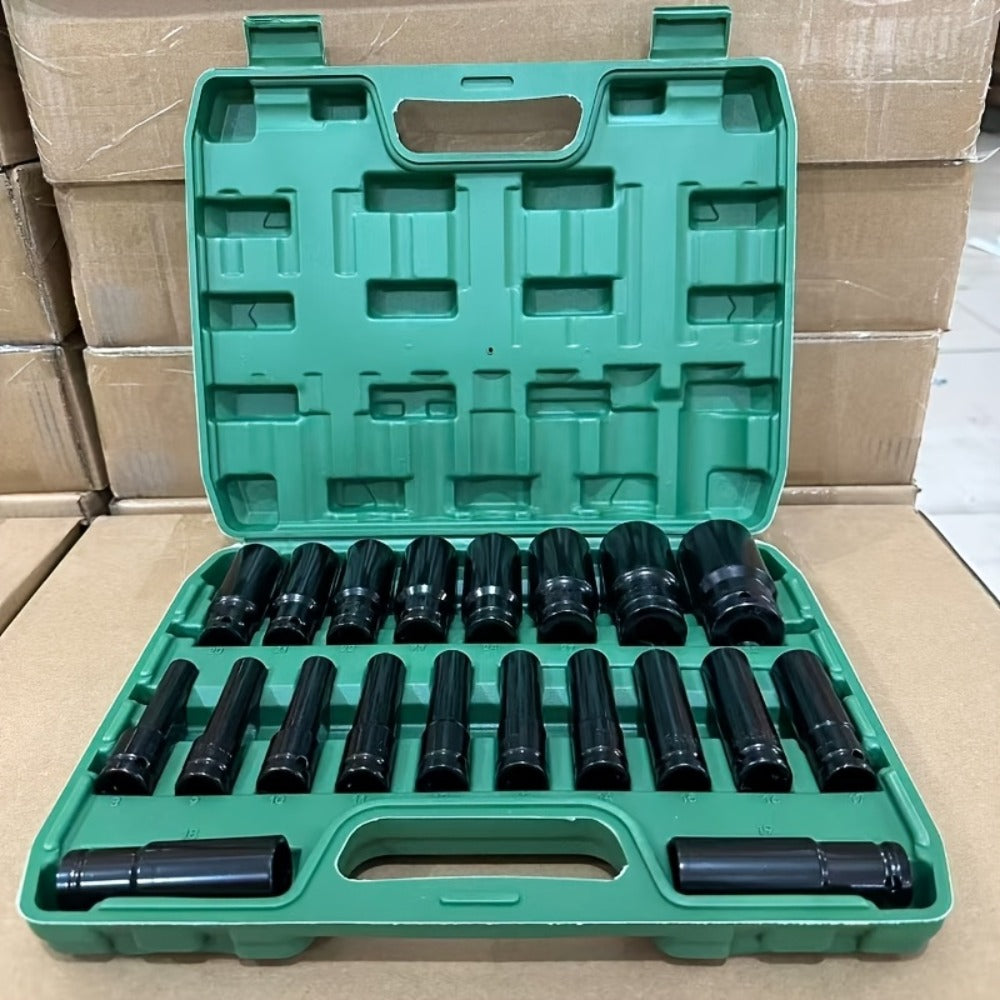 Half-Inch Drive Deep Metric Socket Set with 10- or 20-Piece Checkout Options and Green Carry Case