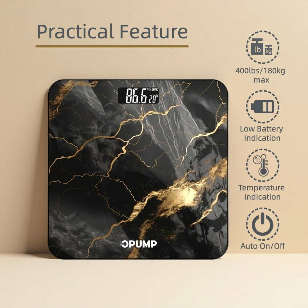 Patterned Digital Bathroom Scale with Top LED Display in Six Marble, Bronze, Black and Blue Styles
