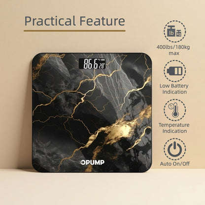 Patterned Digital Bathroom Scale with Top LED Display in Six Marble, Bronze, Black and Blue Styles