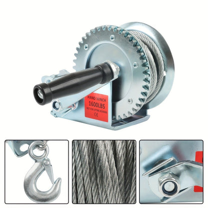 Manual Hand Winch Carbon Steel 800- - Double Brake Safety System, Strap Winch with Mooring Hook & Safety Pawl