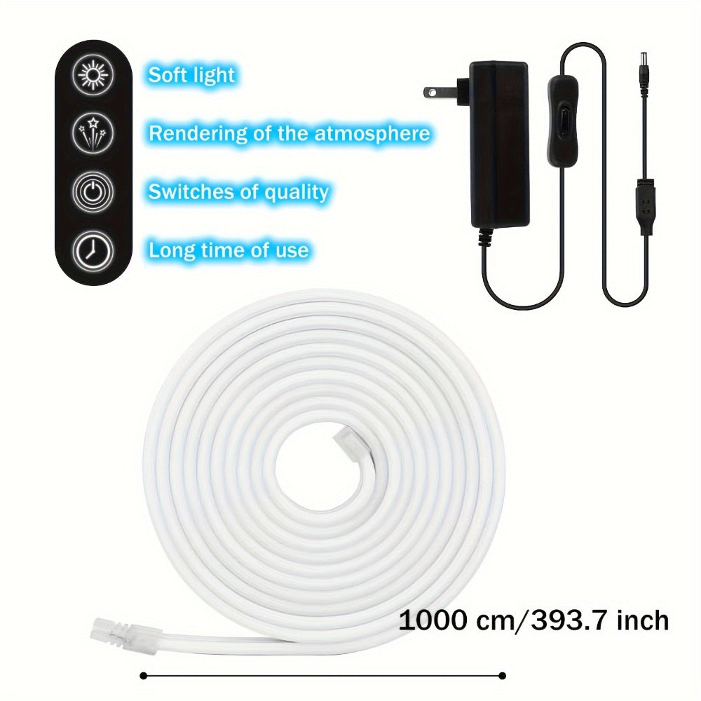 Neon LED Strip Lights 10m 32.8ft with Power Adapter, 24V Flexible Neon Light Strip in White, White