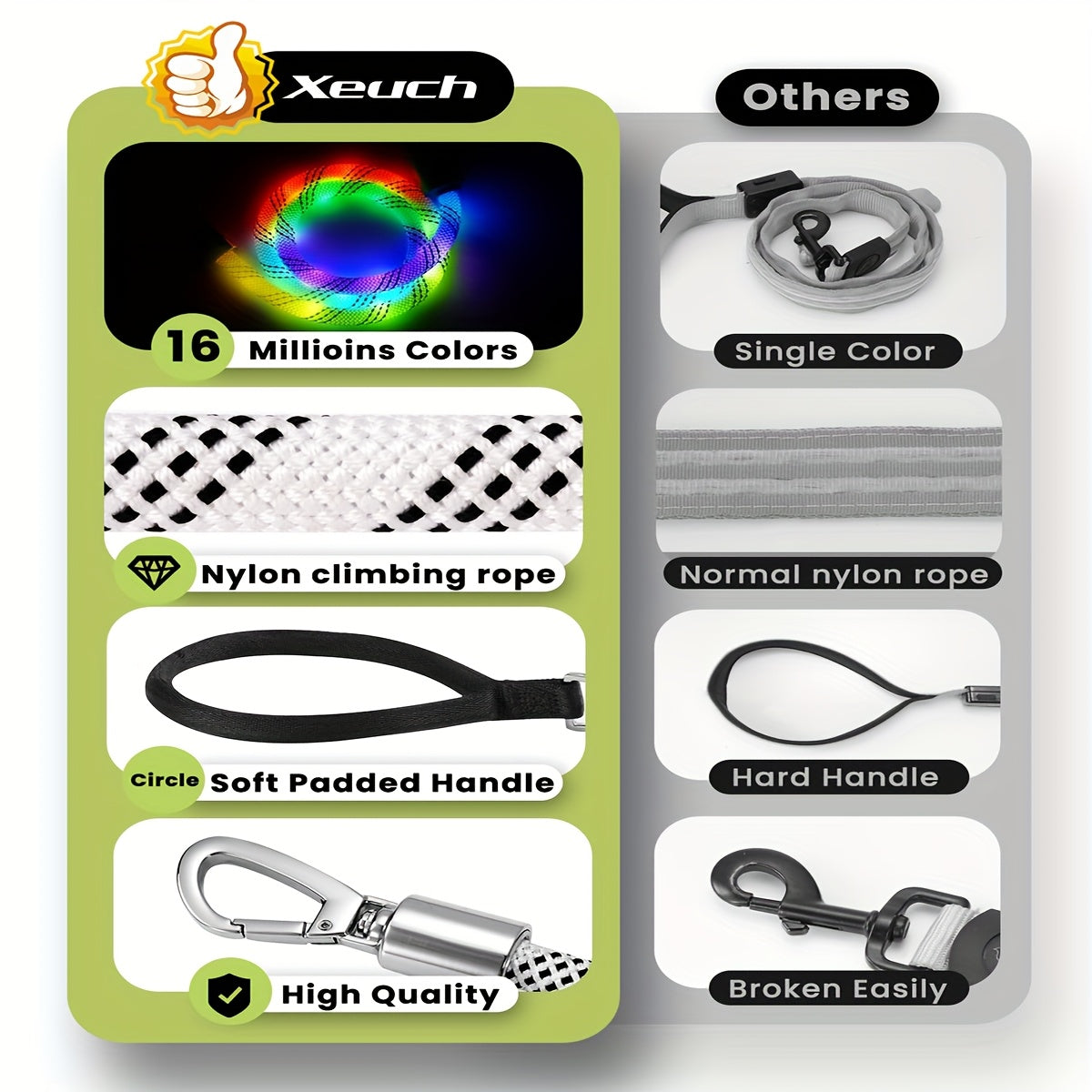 LED Dog Leash 4FT Light Up with 13 Lighting Modes & Tangle-Free Hook, Rechargeable Glow in the Dark Night Walking Leash