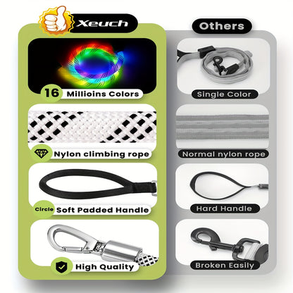 LED Dog Leash 4FT Light Up with 13 Lighting Modes & Tangle-Free Hook, Rechargeable Glow in the Dark Night Walking Leash