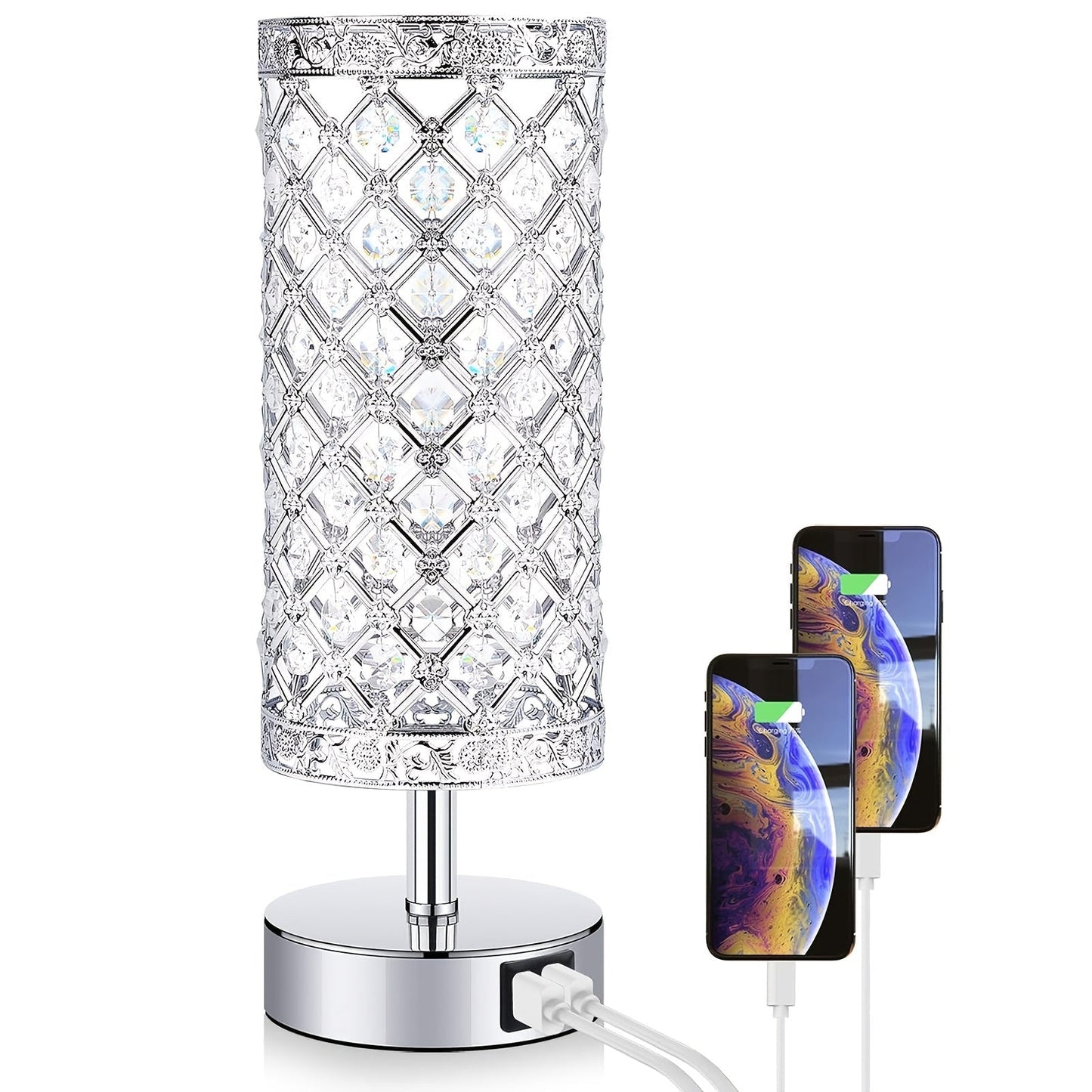 Crystal Cylinder Bedside Table Lamp with Dual USB Ports in Three Finishes and One- or Two-Pack Options