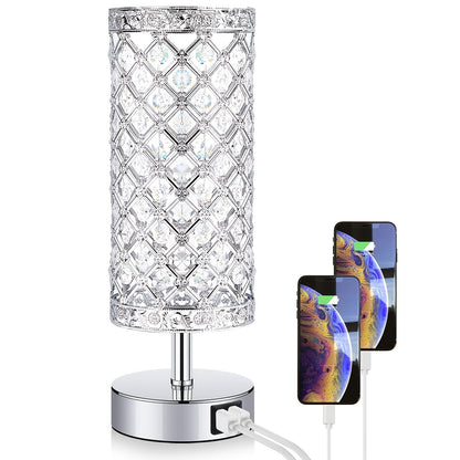Crystal Cylinder Bedside Table Lamp with Dual USB Ports in Three Finishes and One- or Two-Pack Options