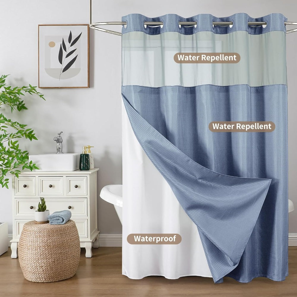 Waffle Shower Curtain with Liner Set Hookless Snap-In Double Layer Polyester Fabric Easy Clean for Bathroom Hotel Home Decor