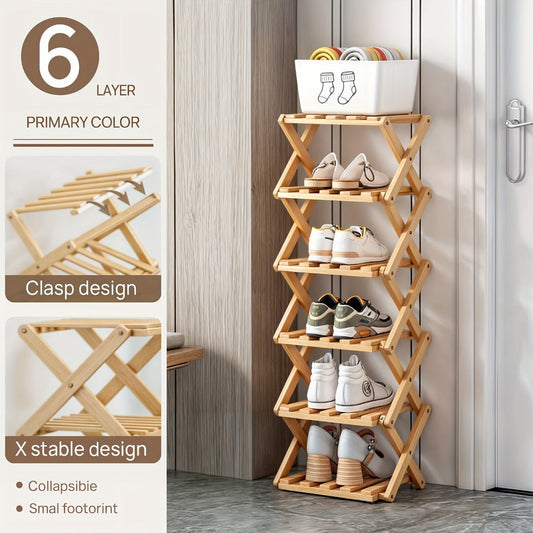 Foldable Bamboo-Labeled Shoe Rack with Six- or Eight-Tier Primary and Brown Checkout Options