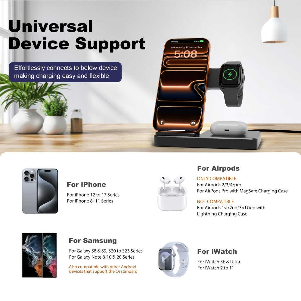 Foldable 3-in-1 Wireless Charging Station with LED Indicator & Anti-Slip Fast Charge for iPhone 17 16 15 14 13 12 11 Pro Max XR XS