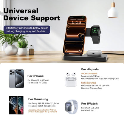 Foldable 3-in-1 Wireless Charging Station with LED Indicator & Anti-Slip Fast Charge for iPhone 17 16 15 14 13 12 11 Pro Max XR XS