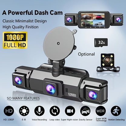 1080P-Labeled Dash Camera with Three- or Four-Lens Options, Screen, G-Sensor and WiFi/32GB Bundle