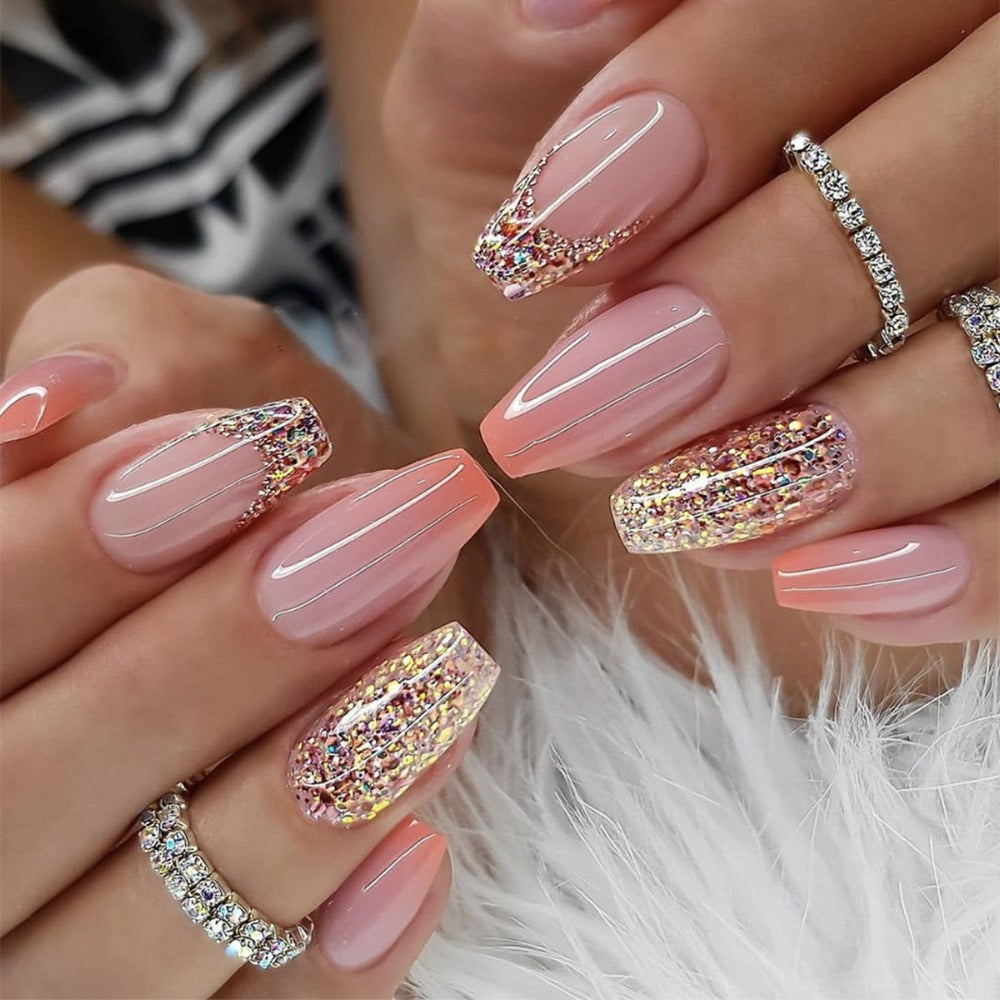 Press On Nails 120-Piece Medium Coffin Five-Pack Pinkish Purple Glitter Sequin Glossy Full-Cover Set