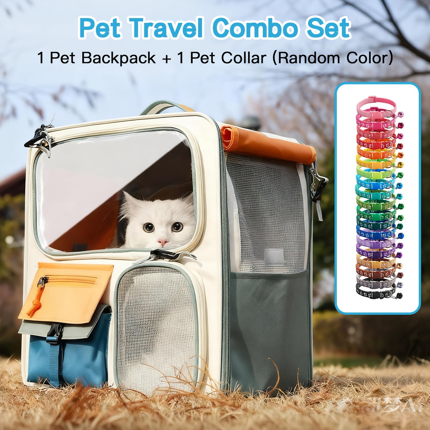 Cat Carrier Backpack with Pet Collar Set – Ventilated Breathable Travel Backpack for Cats and Dogs Under 27lbs