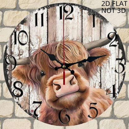 10-Inch Round Cow-Print Wall Clock with Flat Wood-Look Face, Black Numerals and Red Second Hand