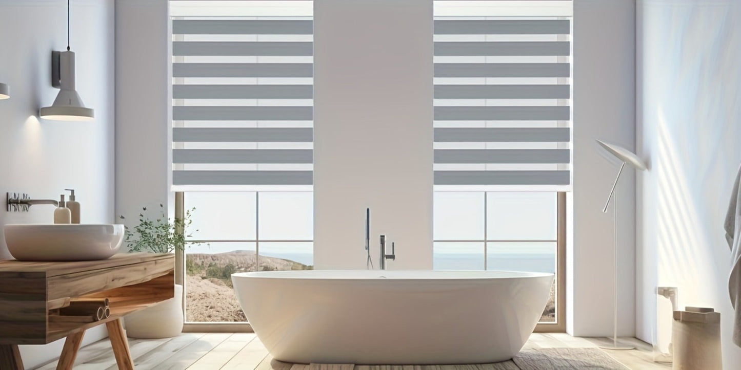 Cordless Zebra Roller Shade with Valance, Day Night Window Blind, Dual Layer Window Treatment Mesh Opaque Fabric