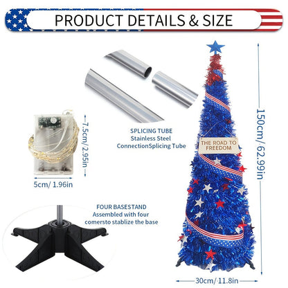 4th of July Decorative Tree 5ft LED Light, Foldable Patriotic Stars & Stripes Blue Christmas Tree with Red White Blue LED String Lights