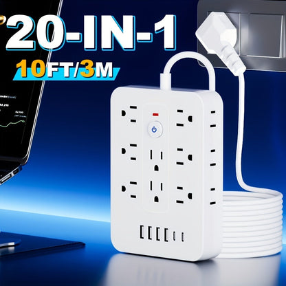 Compact Flat Plug Power Strip 20-in-1, 14 AC Outlets & 6 USB Ports (4 USB-A + 2 USB-C), Lightning Surge Protection