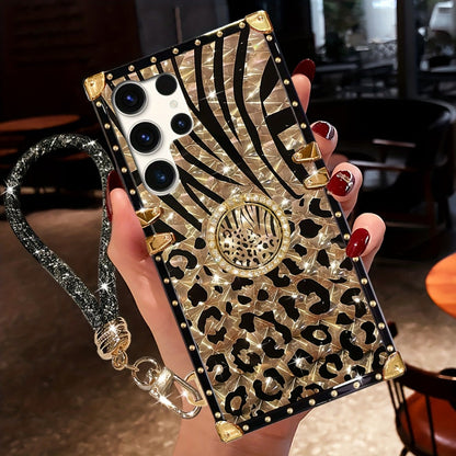 Leopard Print Samsung Galaxy Case Ring Holder Kickstand Anti-Drop Rectangular Cover for Galaxy S25 Ultra Plus S24 Ultra Plus FE S23 Ultra