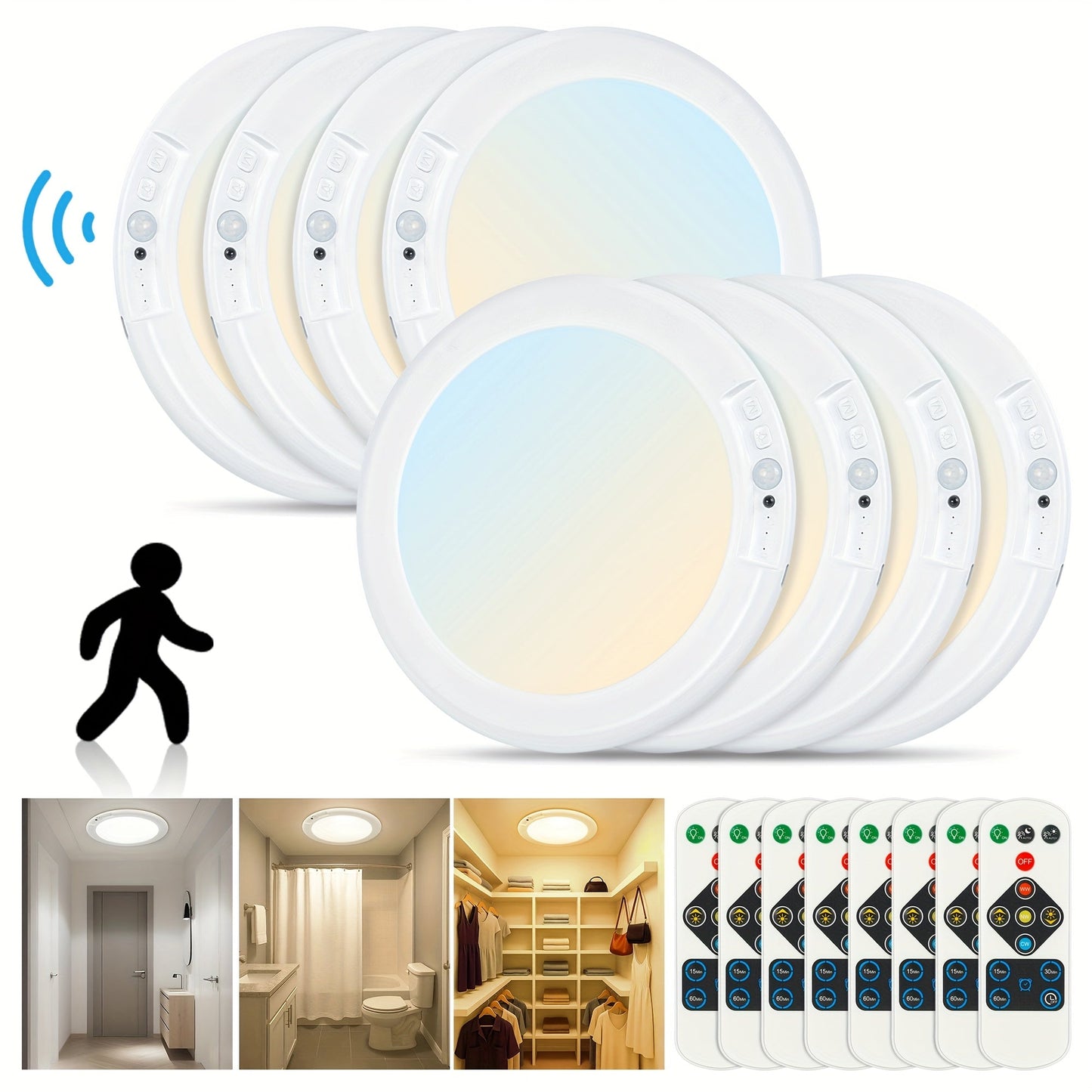 Rechargeable LED Ceiling Light with Motion Sensor, Remote Control Dimmable, 3 Color Temps 3000K/4500K/6500K