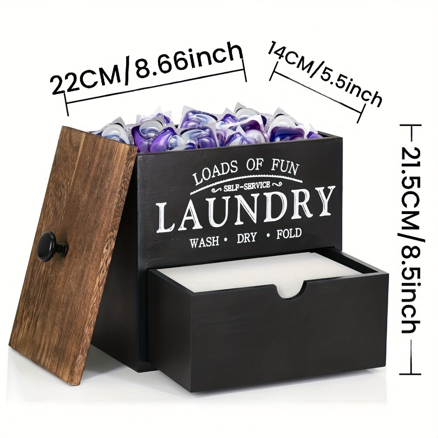 Dryer Sheet Holder with Drawer & Lid, Farmhouse Wood Laundry Pod Dispenser, Wall Mount or Countertop Organizer for Laundry Room Storage