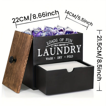 Dryer Sheet Holder with Drawer & Lid, Farmhouse Wood Laundry Pod Dispenser, Wall Mount or Countertop Organizer for Laundry Room Storage