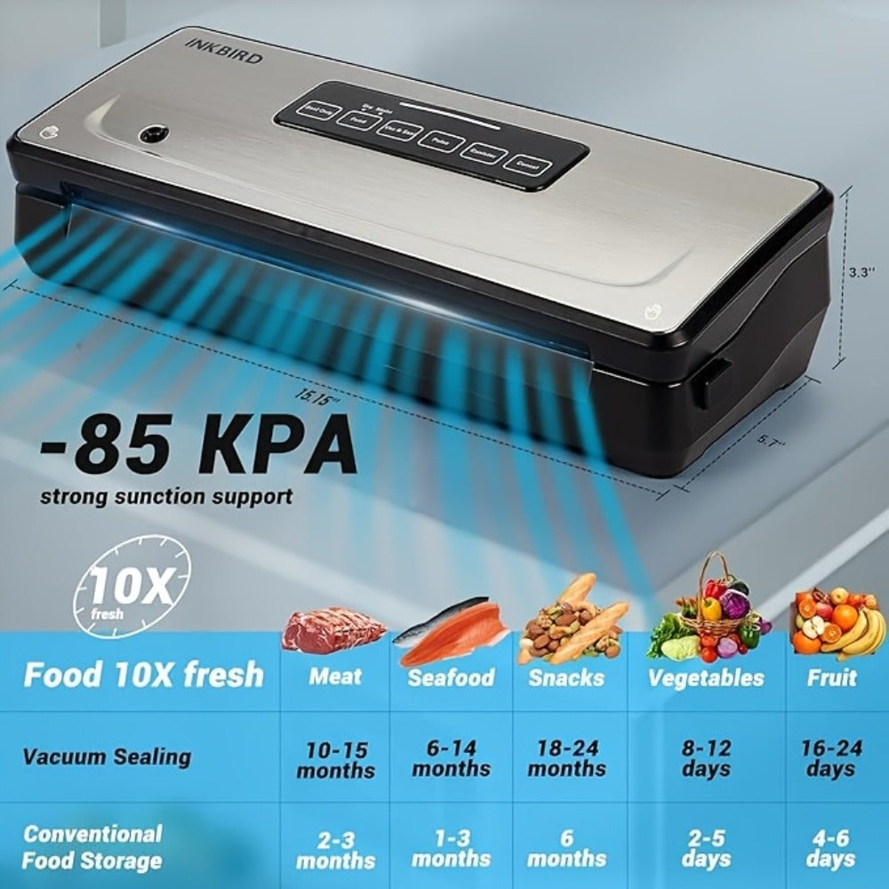 Vacuum Sealer Machine 85KPA, INKBIRD 10-in-1 Food Sealer with Bag Storage, Built-In Cutter, Moist/Dry/Pulse/Liquid/Canister Modes